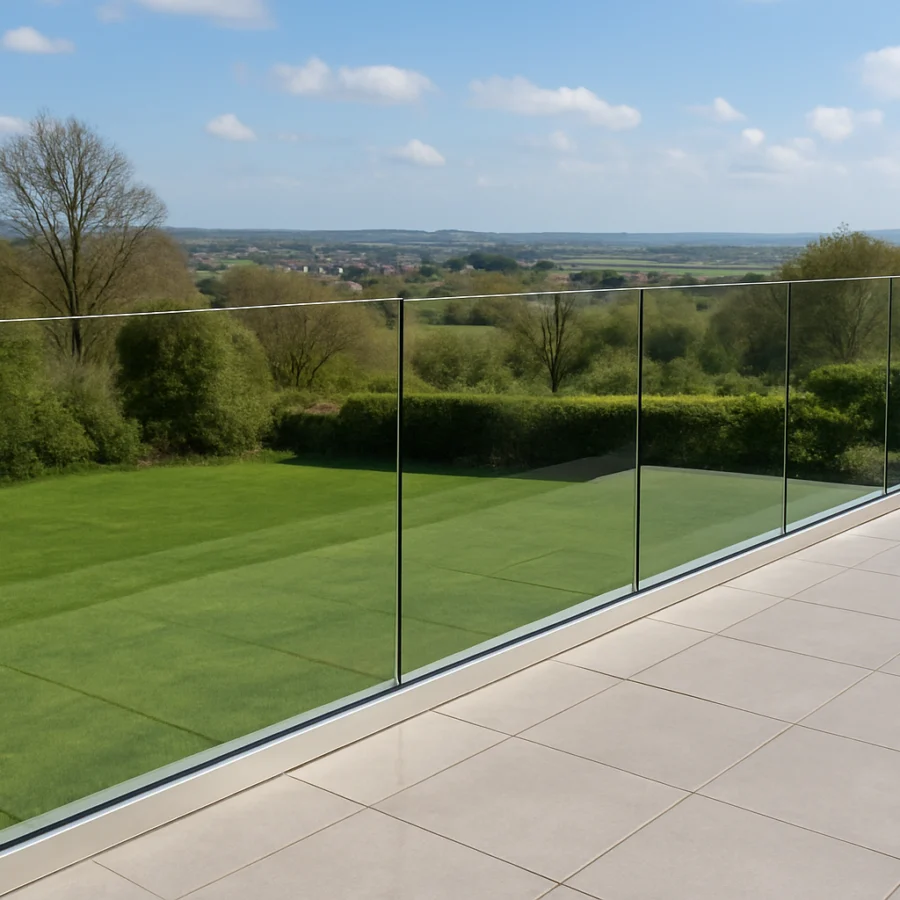 Frameless glass balustrade on a modern terrace in Nailsea, overlooking green countryside and designed by Aspire Glass.